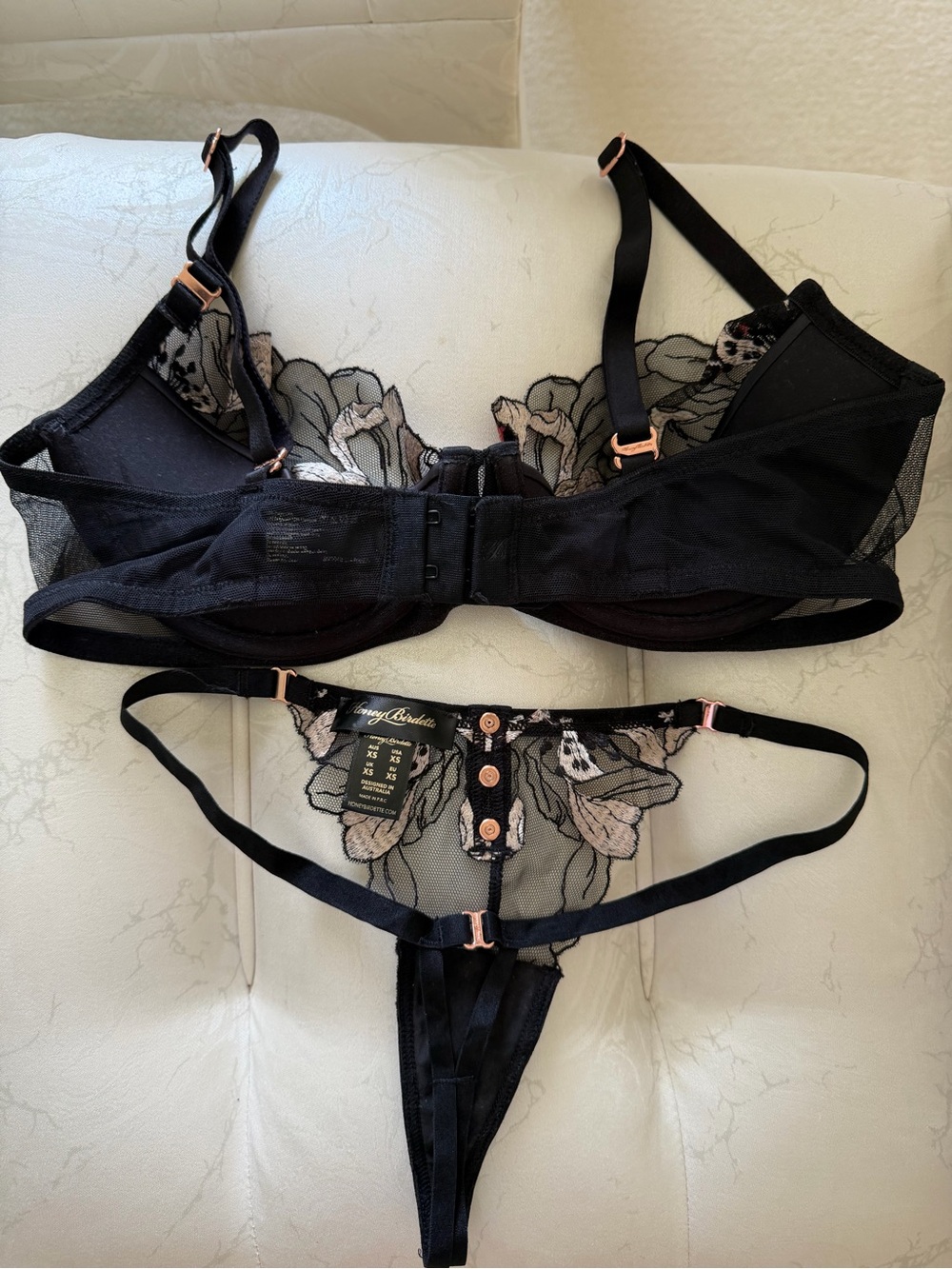 Honey Birdette Black Sheer Mesh Bra & Thong with Pink and Orange Embroidery - Picture 9 of 13